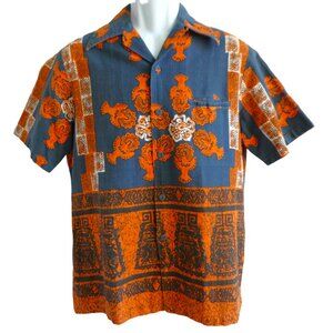 Vintage Hawaiian Barkcloth iolani Shirt Dagger Collar Short Sleeve Welt Pocket